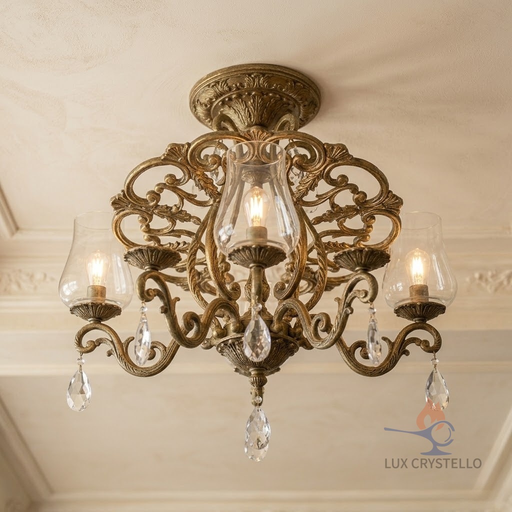 French Country Brass Glass Ceiling Light for Soft Interiors