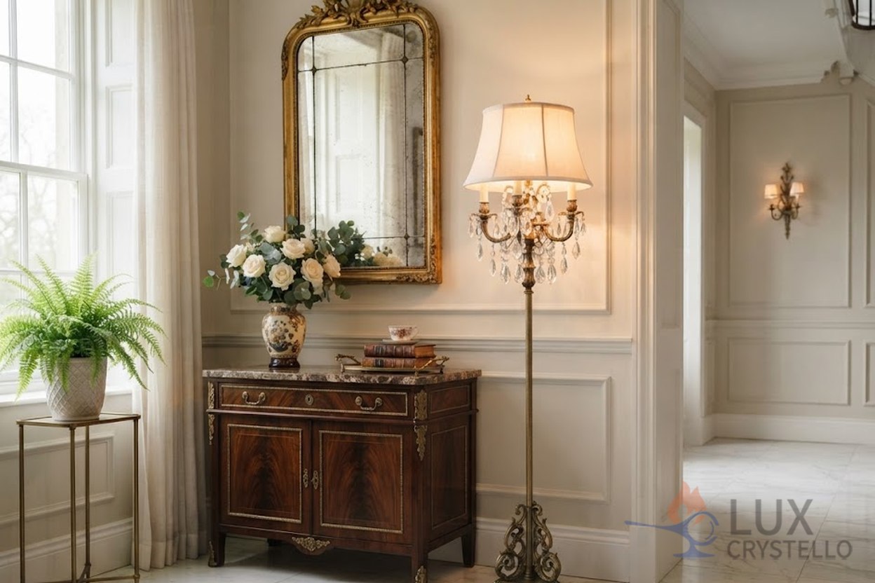 crystal standing brass light