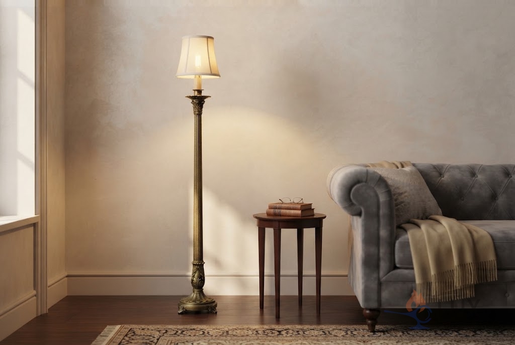 How a Napoleon Style Brass Floor Table Lamp Anchors a Corner How a Napoleon Style Brass Floor Table Lamp Anchors a Corner